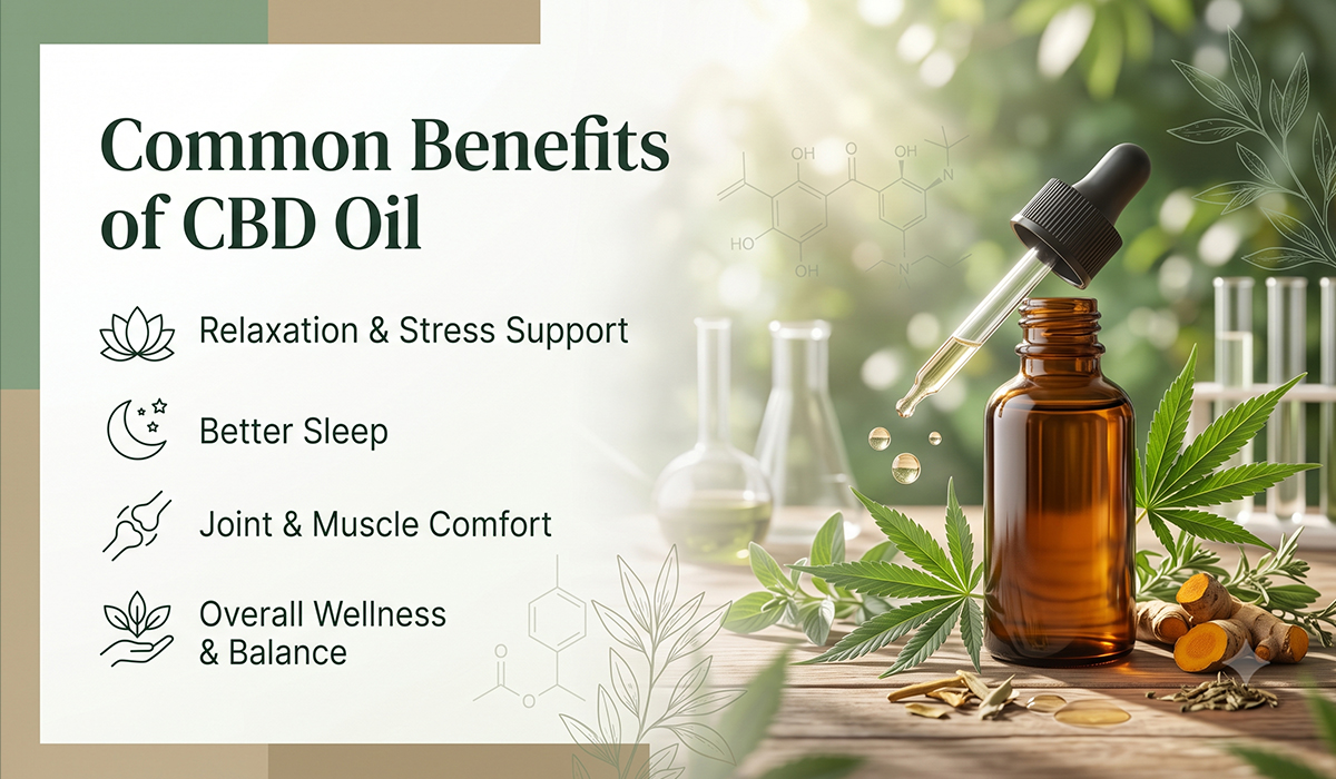 Common benefits of CBD oil including stress relief, better sleep, and wellness support.
